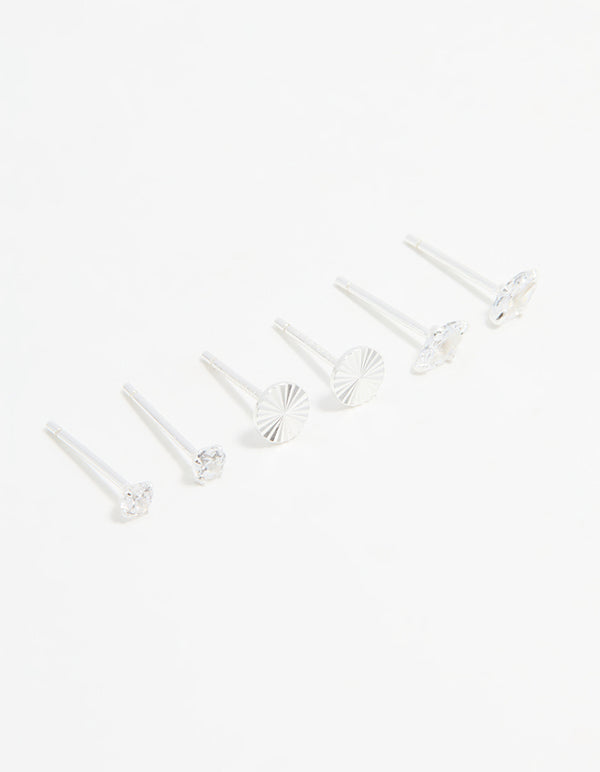 Sterling Silver Cubic Zirconia Stud Earrings 3-Pack