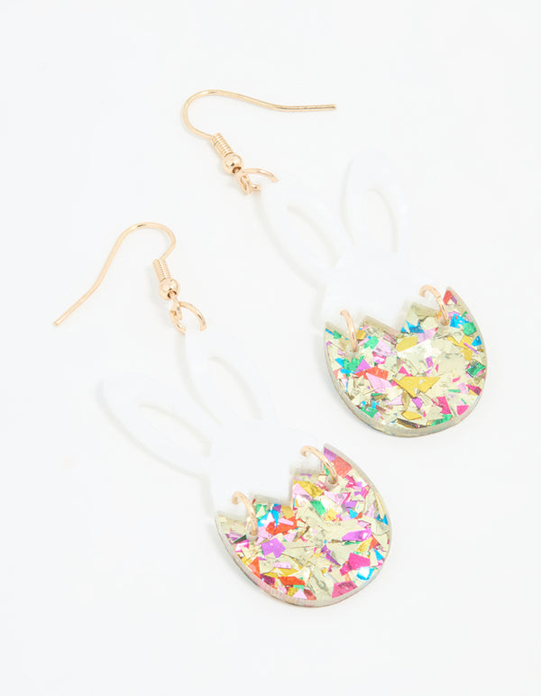 Gold Sequin Shaker Bunny Egg Drop Earrings