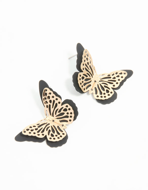 Gold Black Coated Metal Butterfly Stud Earrings