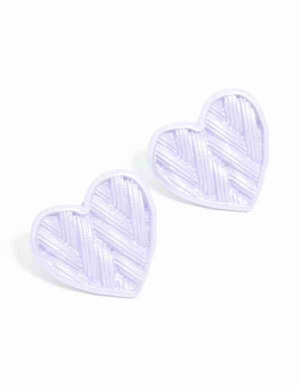 Silver Purple Coated Metal Textured Heart Stud Earrings
