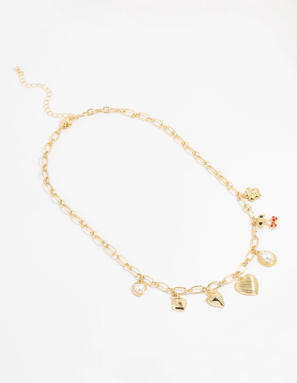 Gold Plated Heart & Cherry Charm Necklace