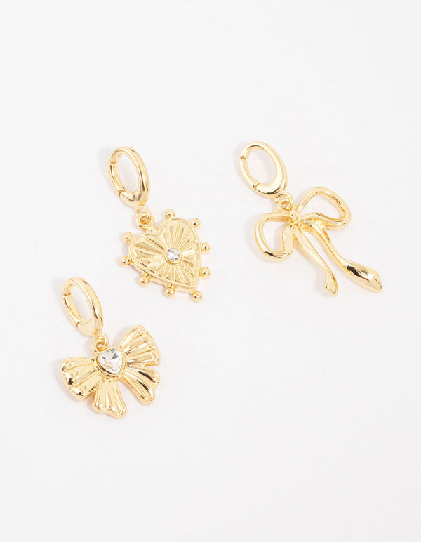 Gold Plated Bow & Heart Charms 3-Pack