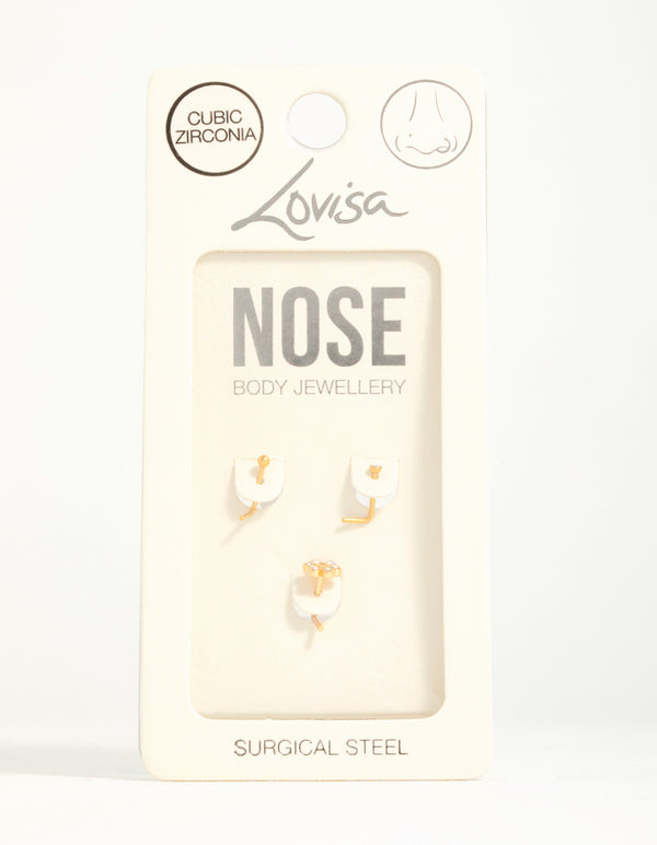 Gold Plated Surgical Steel Cubic Zirconia Flower Nose Piercings 3-Pack