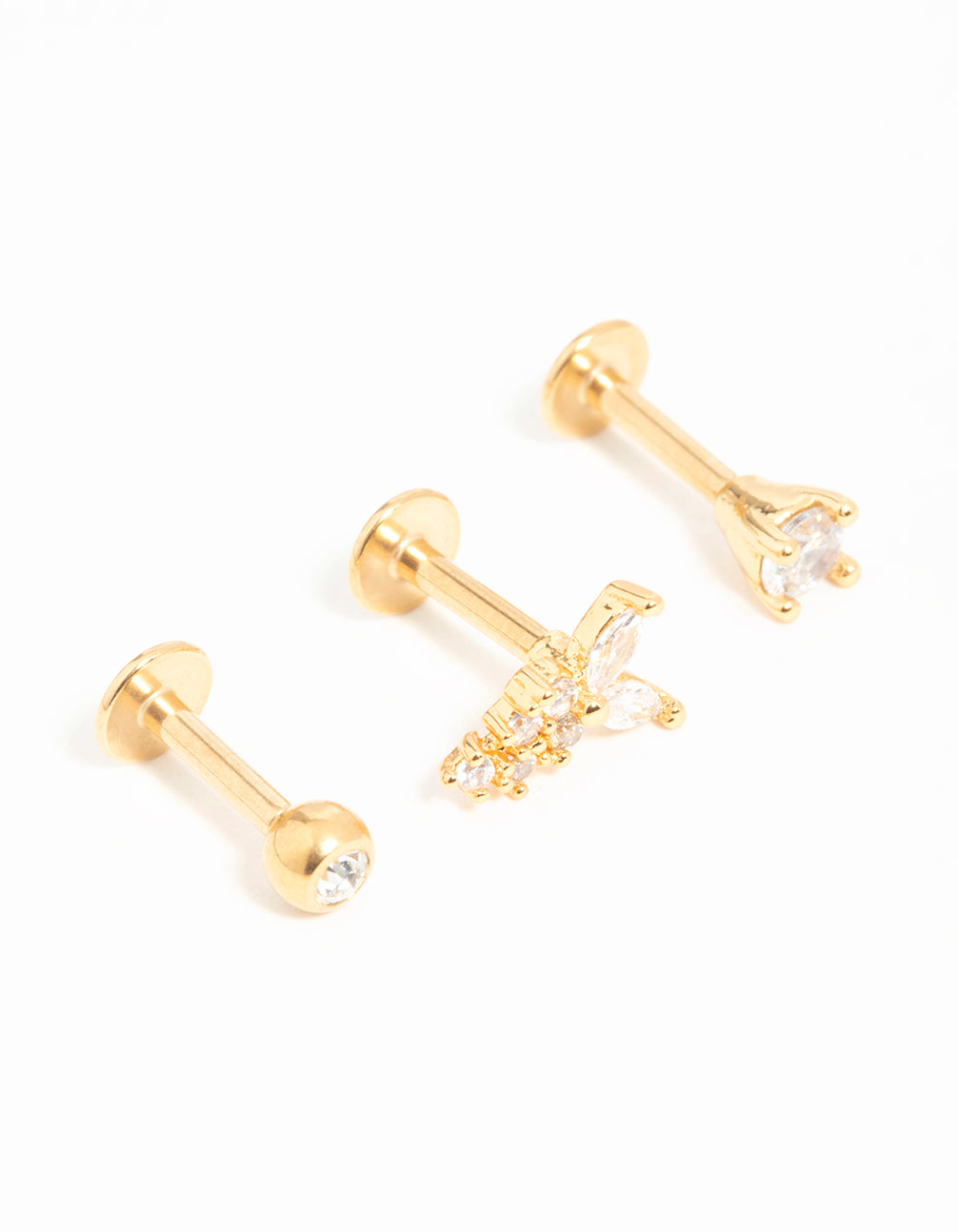 Gold Plated Surgical Steel Cubic Zirconia Butterfly Flat Back Studs 3-Pack
