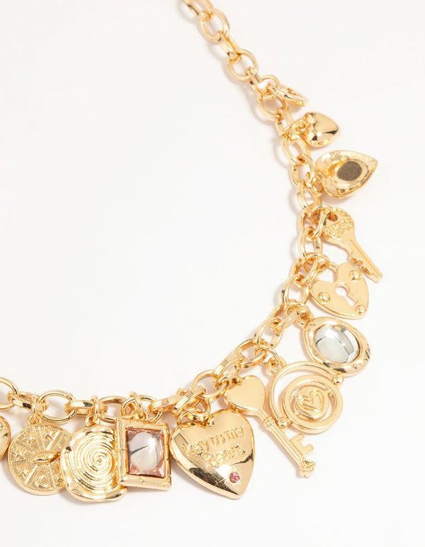 Gold Heart & Key Charm Necklace