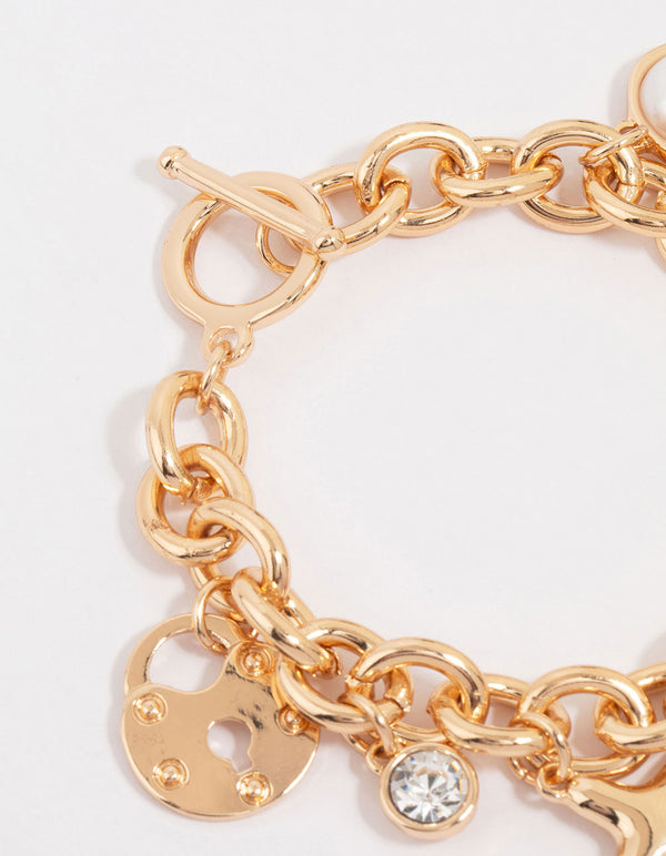 Gold Cross & Pearl Charm Bracelet