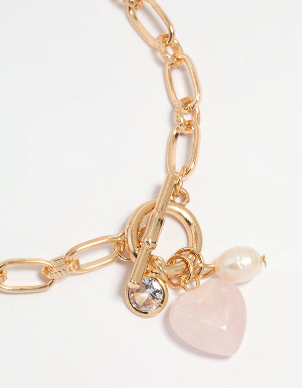 Gold Pearl Rose Quartz Heart Charm T & O Bracelet