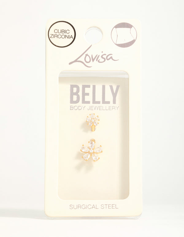 Gold Plated Surgical Steel Cubic Zirconia Double Daisy Belly Bar