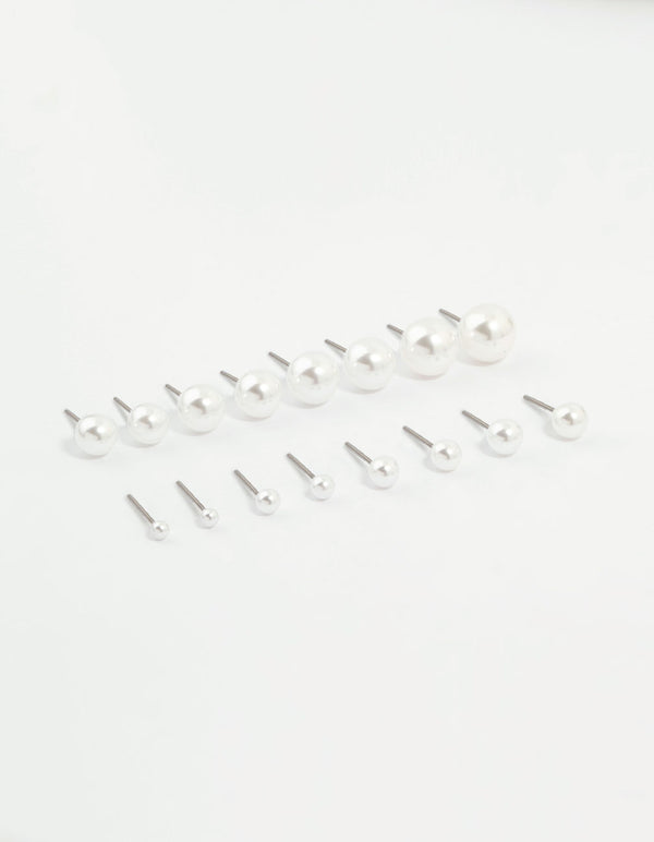 Silver Pearl Stud Earrings 8-Pack