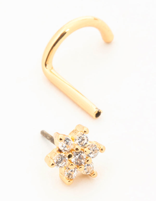 Gold Plated Titanium Cubic Zirconia Threadless Single Flower Nose Stud