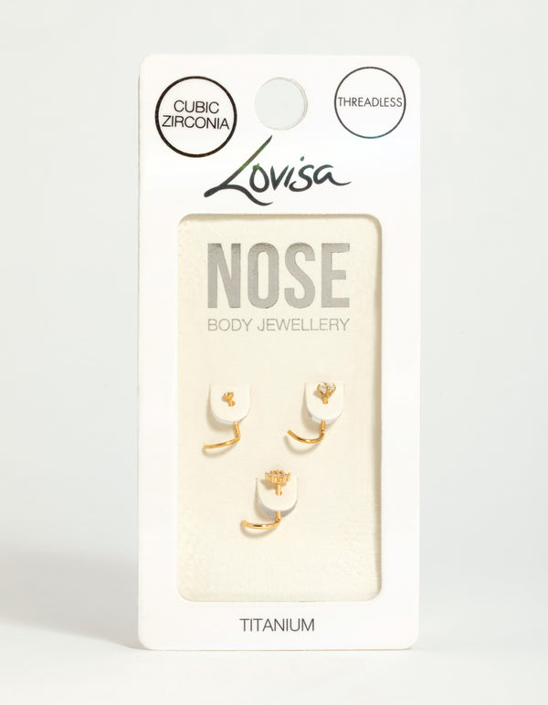 Gold Plated Titanium Threadless Flower Triangular Nose Studs 3-Pack