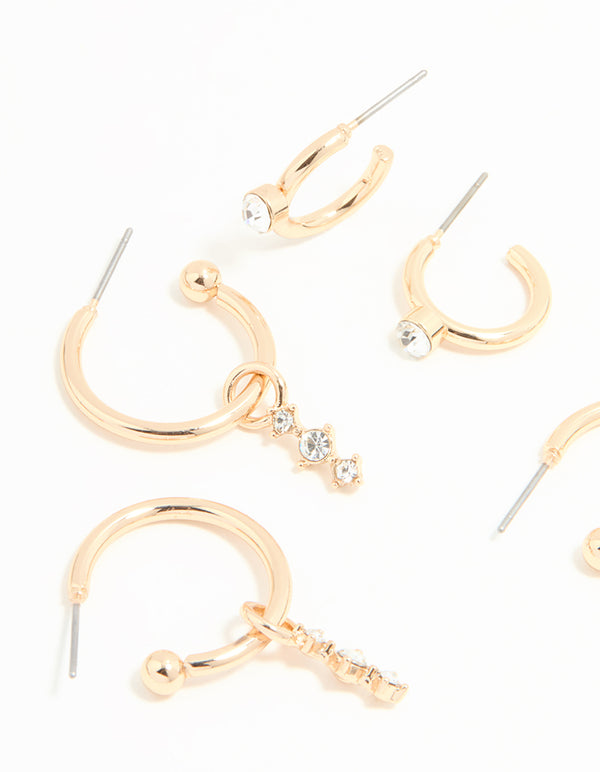 Gold Diamante Drop Huggie Earrings 4-Pack