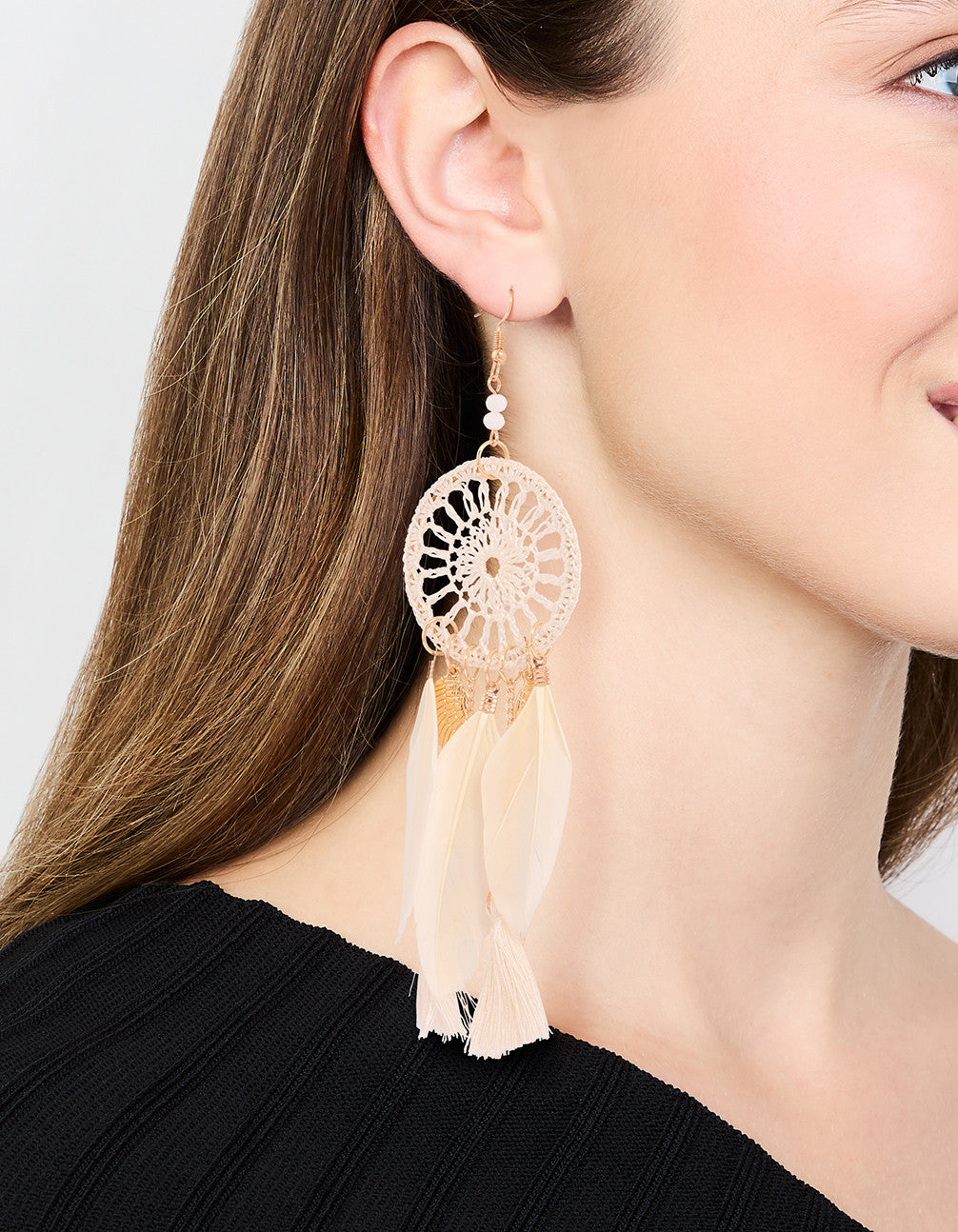 Cream & Gold Feather Dreamcatcher Drop Earrings