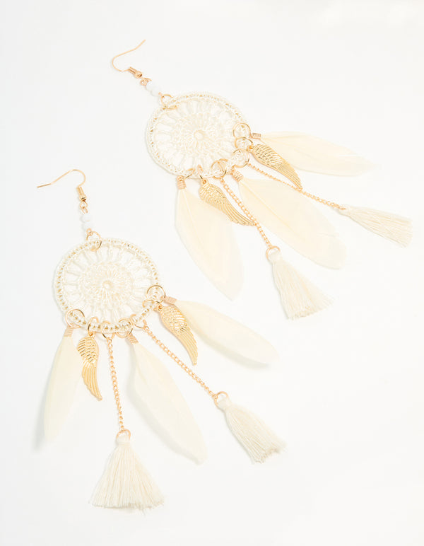 Cream & Gold Feather Dreamcatcher Drop Earrings