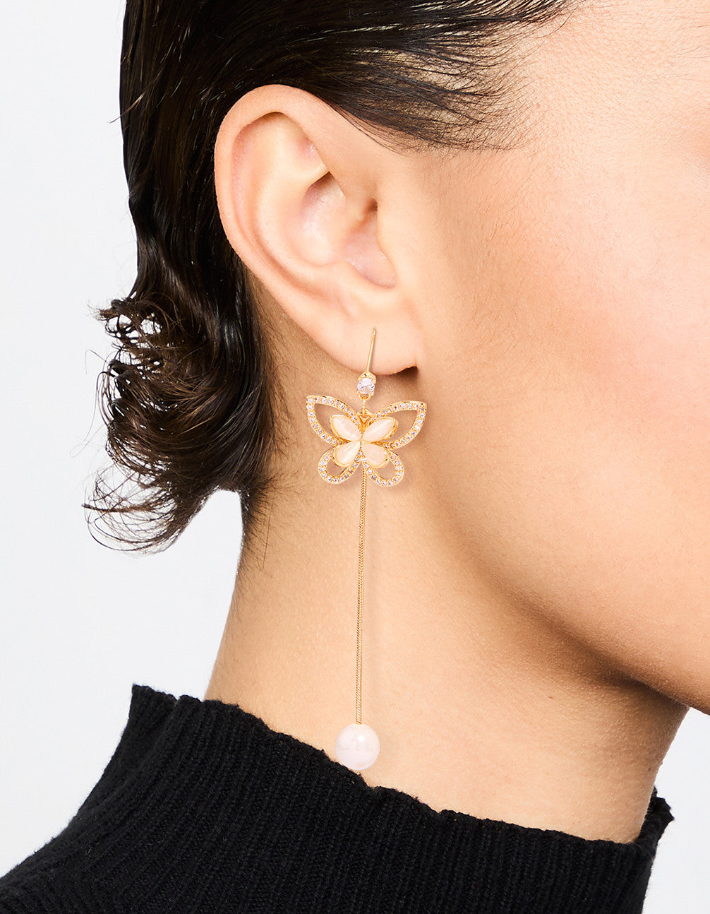 Gold Plated Pearl Butterfly Long Drop Earrings