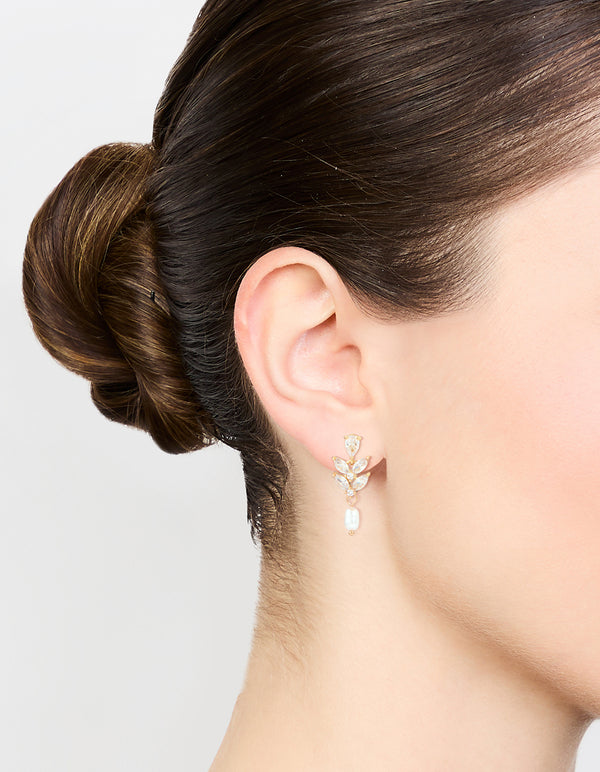 Gold Plated Cubic Zirconia Vine & Freshwater Pearl Drop Earrings