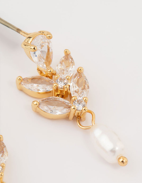 Gold Plated Cubic Zirconia Vine & Freshwater Pearl Drop Earrings