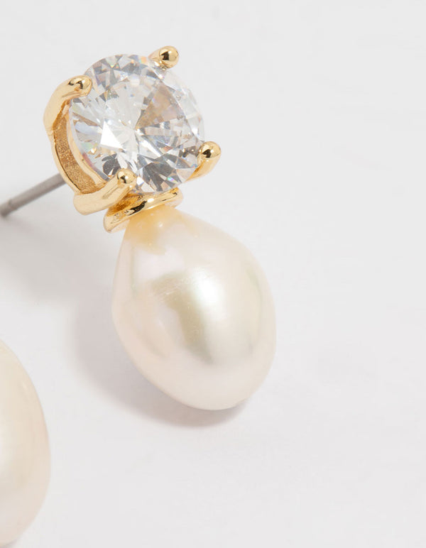 Gold Plated Diamante Freshwater Pearl Drop Earrings