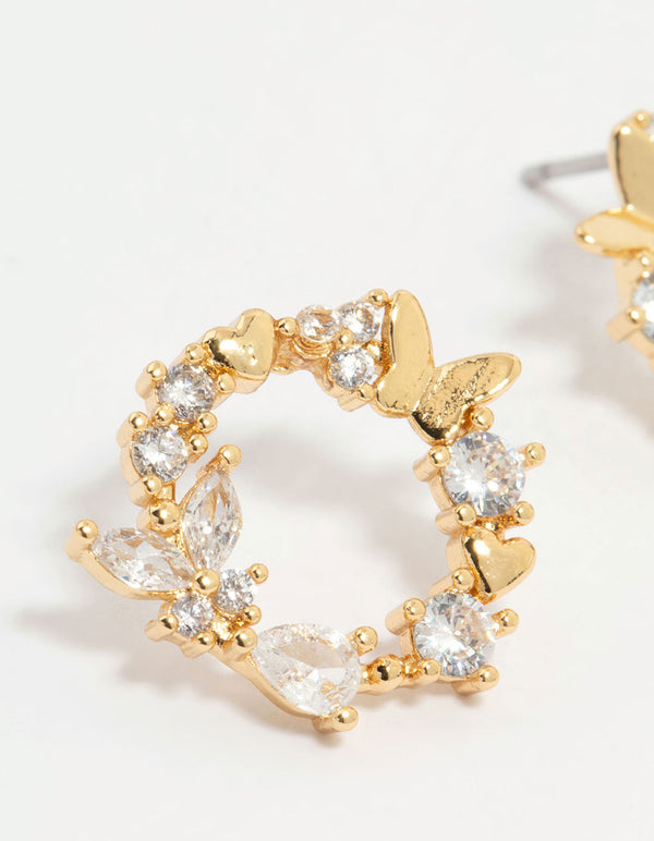 Gold Plated Cubic Zirconia Butterfly Wreath Stud Earrings