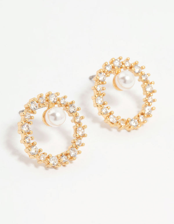Gold Plated Cubic Zirconia Pearl Wreath Stud Earrings