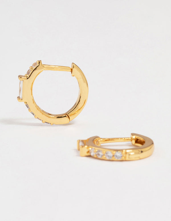 Gold Plated Diamante Mini Baguette Pave Huggie Earrings