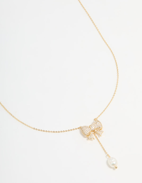 Gold Plated Pearl & Cubic Zirconia Chunky Bow Y-Necklace