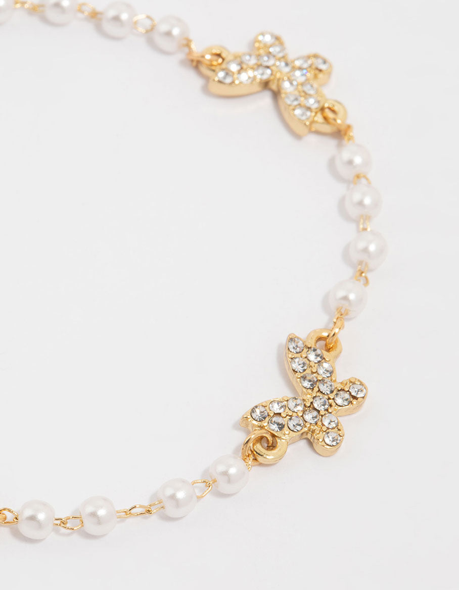 Gold Plated Pearl & Butterfly Charm Bracelet