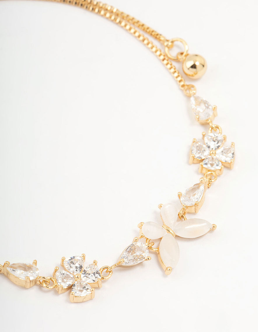 Gold Plated Cubic Zirconia Butterfly & Flower Toggle Bracelet