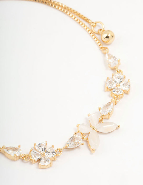 Gold Plated Cubic Zirconia Butterfly & Flower Toggle Bracelet