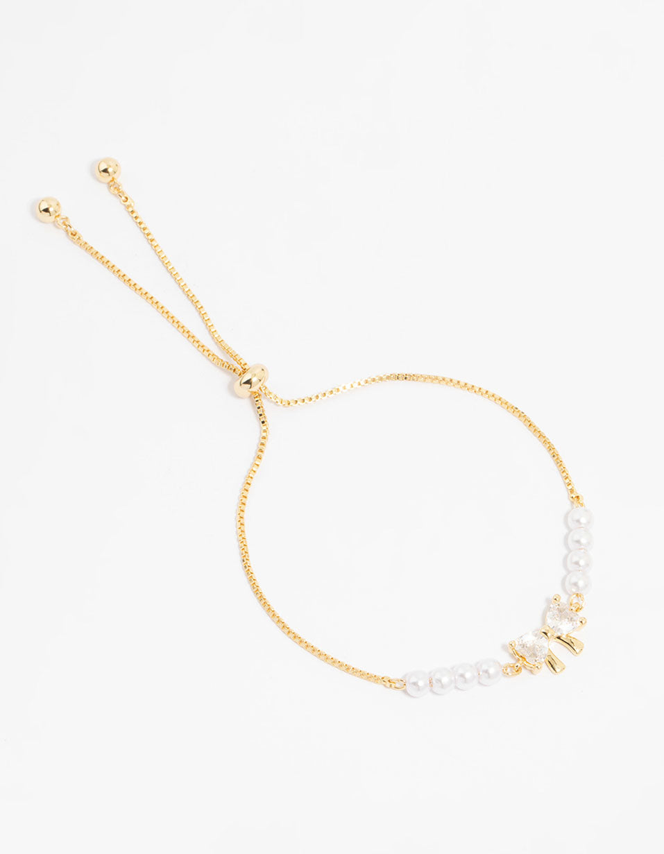 Gold Plated Cubic Zirconia Bow & Pearl Toggle Bracelet