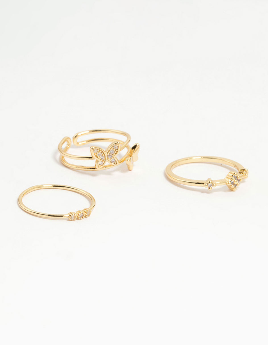Gold Plated Cubic Zirconia Butterfly Rings 3-Pack