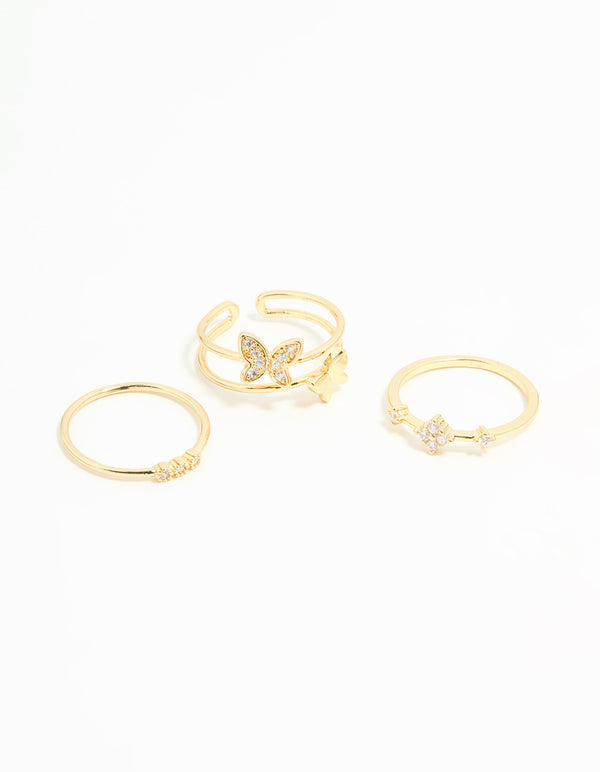 Gold Plated Cubic Zirconia Butterfly Rings 3-Pack