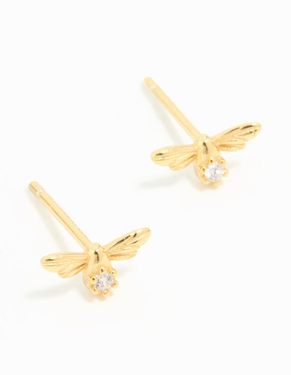 Gold Plated Sterling Silver Cubic Zirconia Bee Stud Earrings