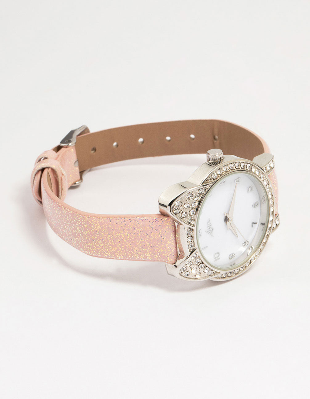 Charming kids watch featuring diamante cat bezel with numbers on white dial, round shape, casual style, pink leather strap, analog type front view