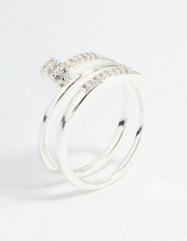 Designed with silver plated metal and cubic zirconia, this nail wrap ring showcases statement styling side detail view