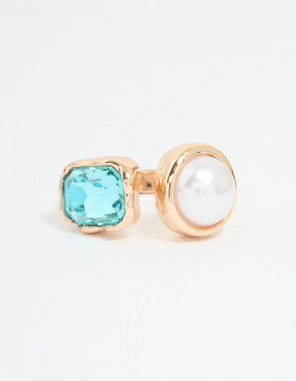 Gold Pearl & Blue Gem Statement Ring