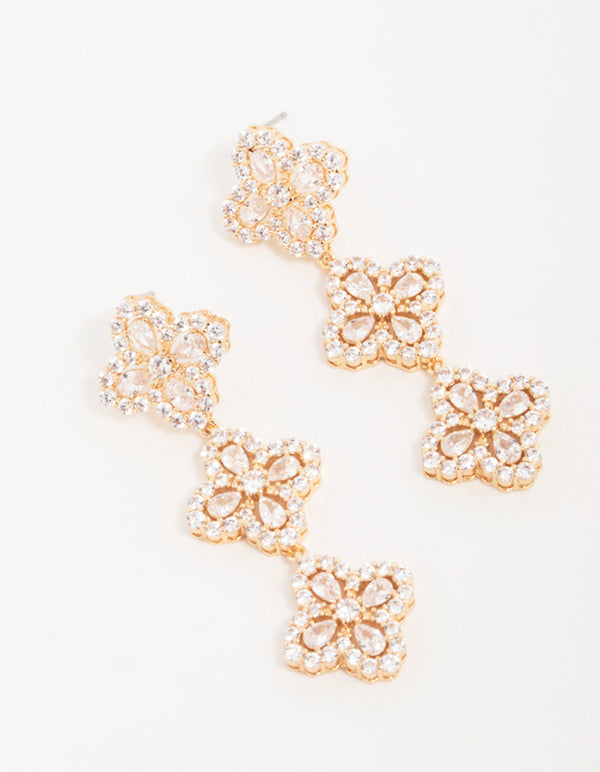 Gold Cubic Zirconia Triple Flower Drop Earrings