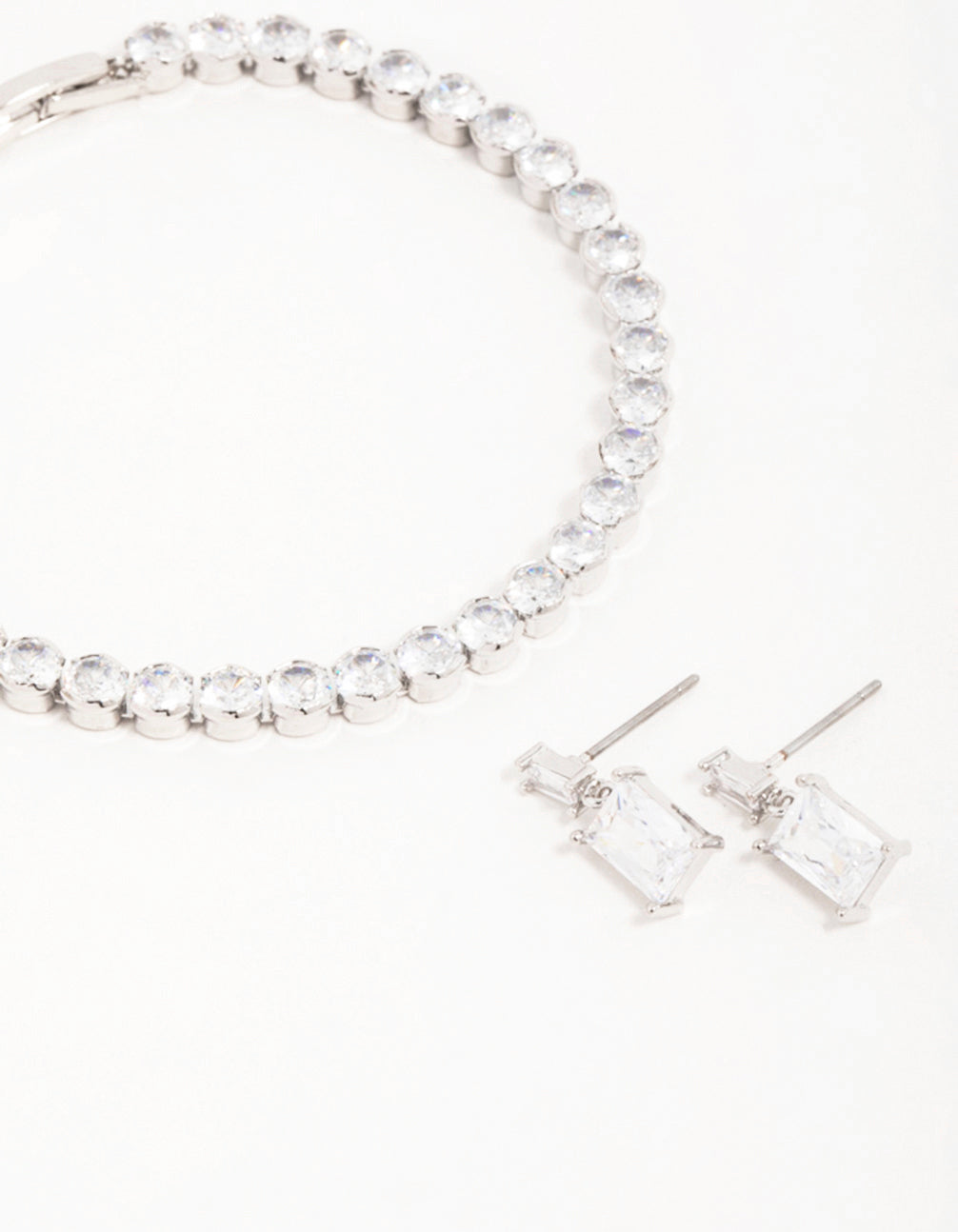 Silver Diamante Rectangle Drop Earrings & Tennis Bracelet Set