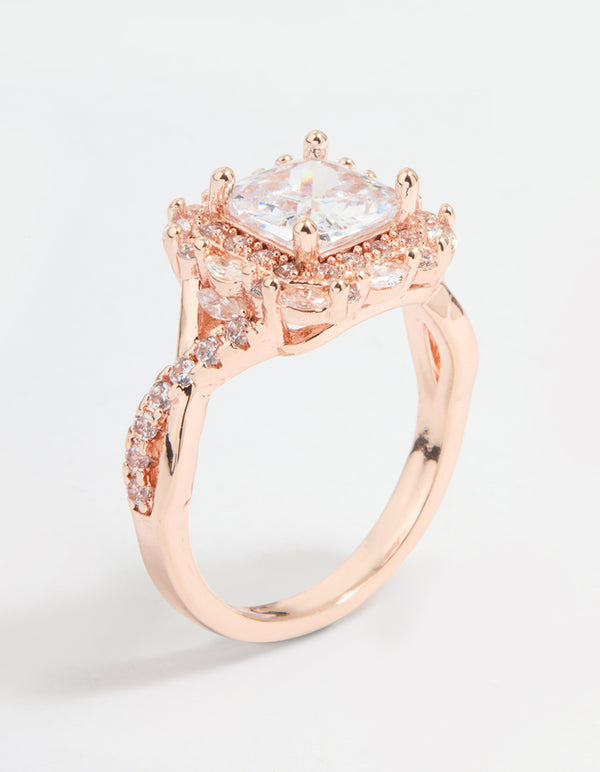 Rose Gold Cubic Zirconia Princess Halo Ring