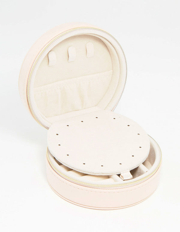 Cream PU Leather Small Round Jewellery Box