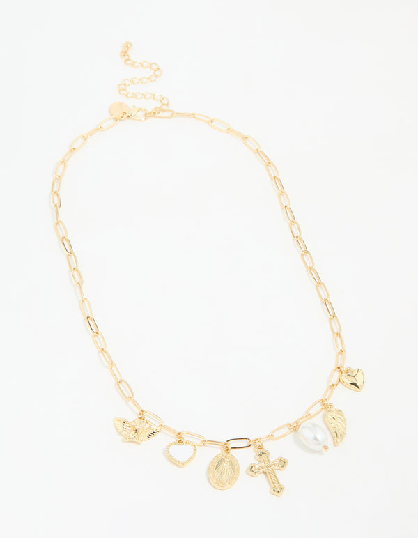 Gold Plated Cross & Pearl Charm Necklace
