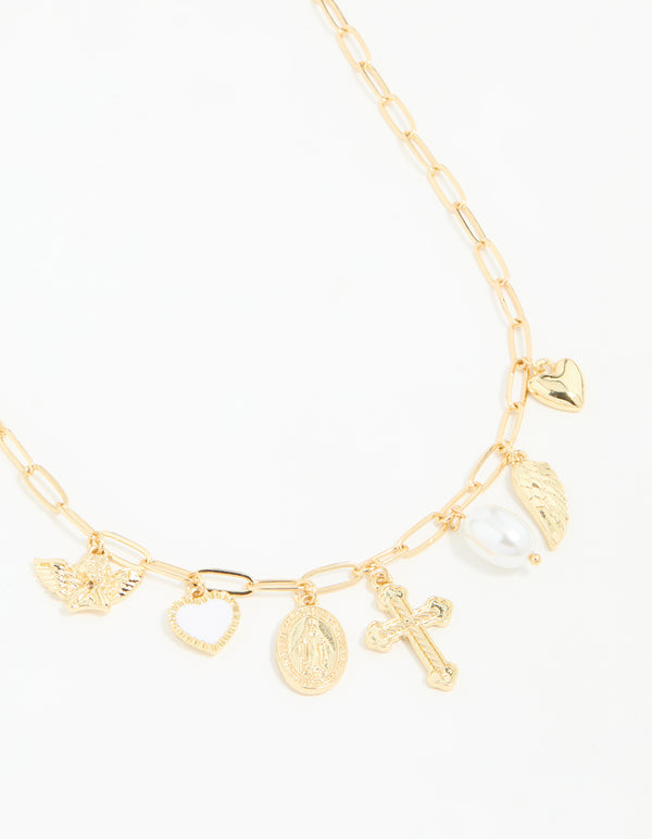 Gold Plated Cross & Pearl Charm Necklace