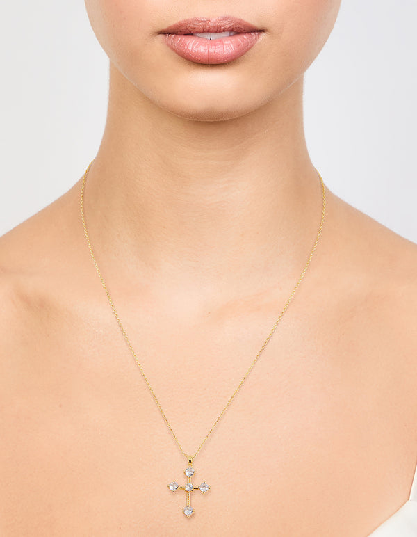 Gold Plated Cubic Zirconia Gothic Cross Necklace & Stud Earrings Set