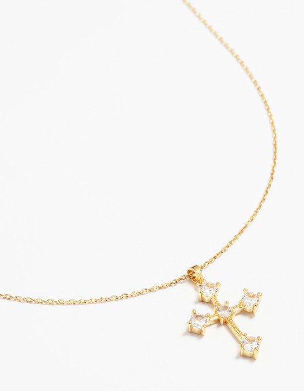 Gold Plated Cubic Zirconia Gothic Cross Necklace & Stud Earrings Set