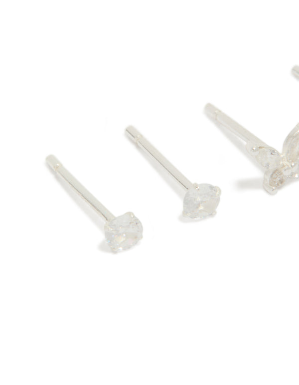 Sterling Silver Cubic Zirconia Butterfly Stud & Hoop Earrings 3-Pack