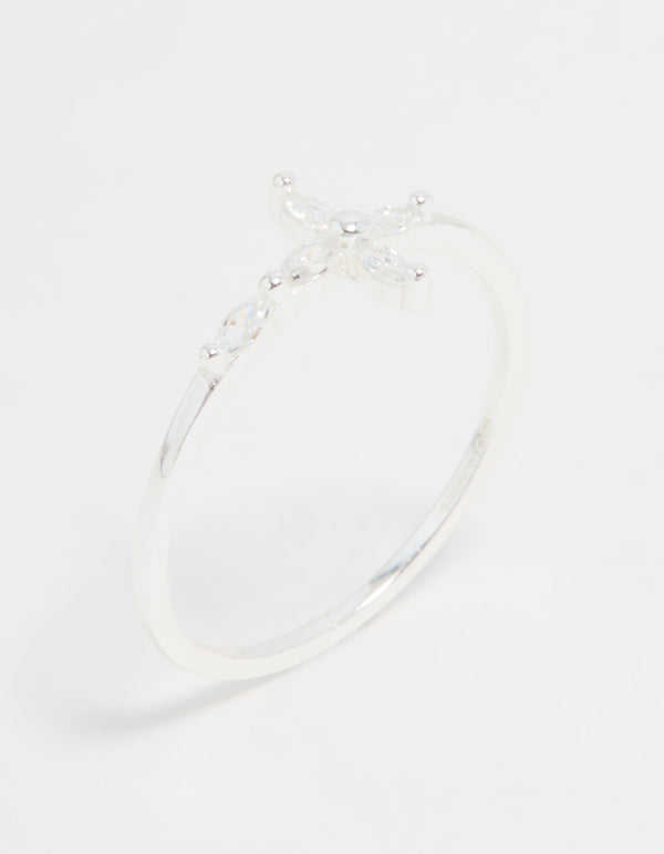 Elegant sterling silver ring featuring marquise cut cubic zirconia cross side detail view