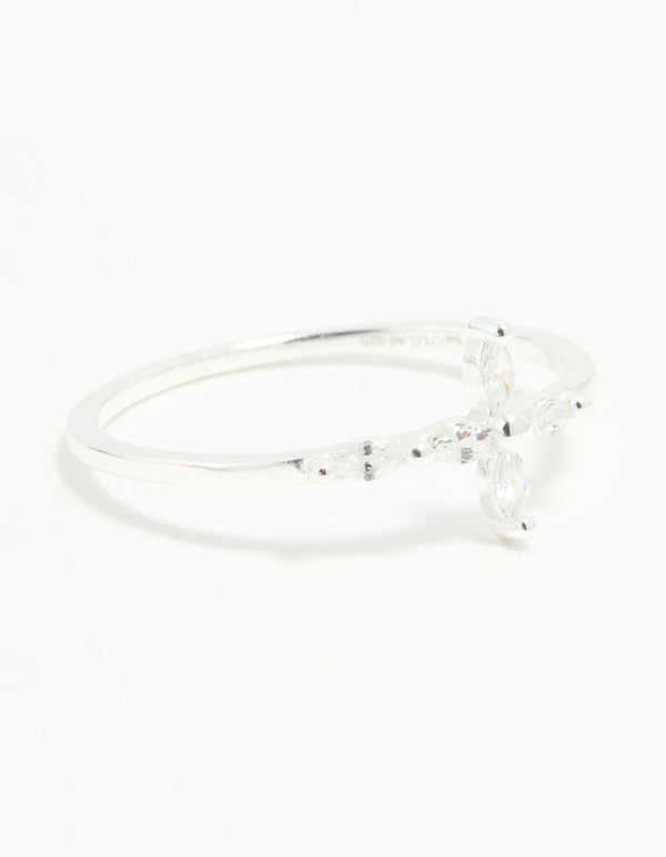 Showcasing a sterling silver ring with marquise cut cubic zirconia cross design front view