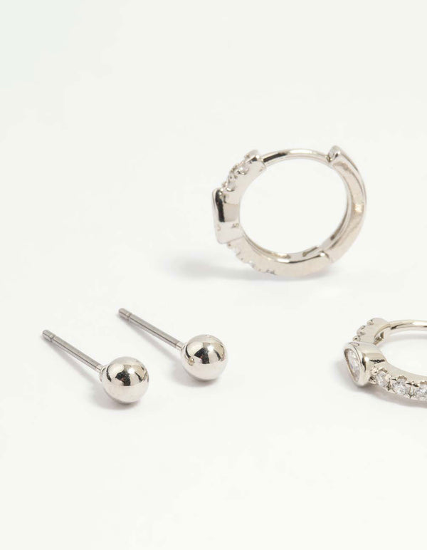 Silver Cubic Zirconia Chain & Sleek Stud Earrings 3-Pack