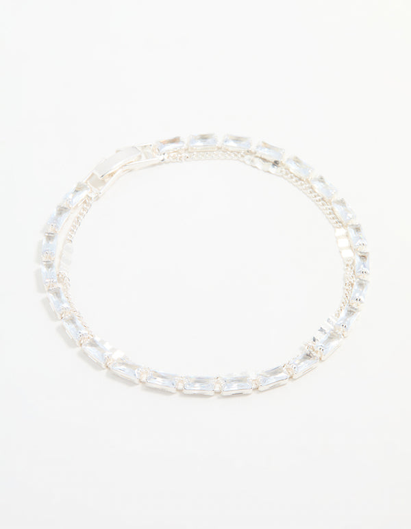 Silver Cubic Zirconia Diamante & Chain Bracelet