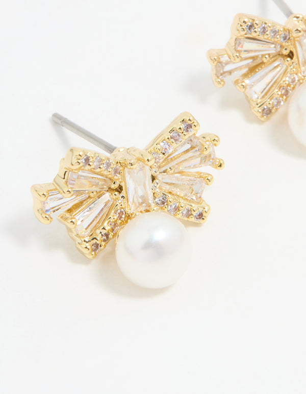 Gold Plated Pearl & Cubic Zirconia Bow Baguette Drop Earrings